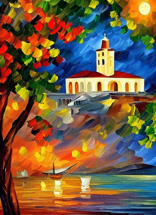 Image similar to beautiful seaside greek village and chapel at sunset in the style of leonid afremov