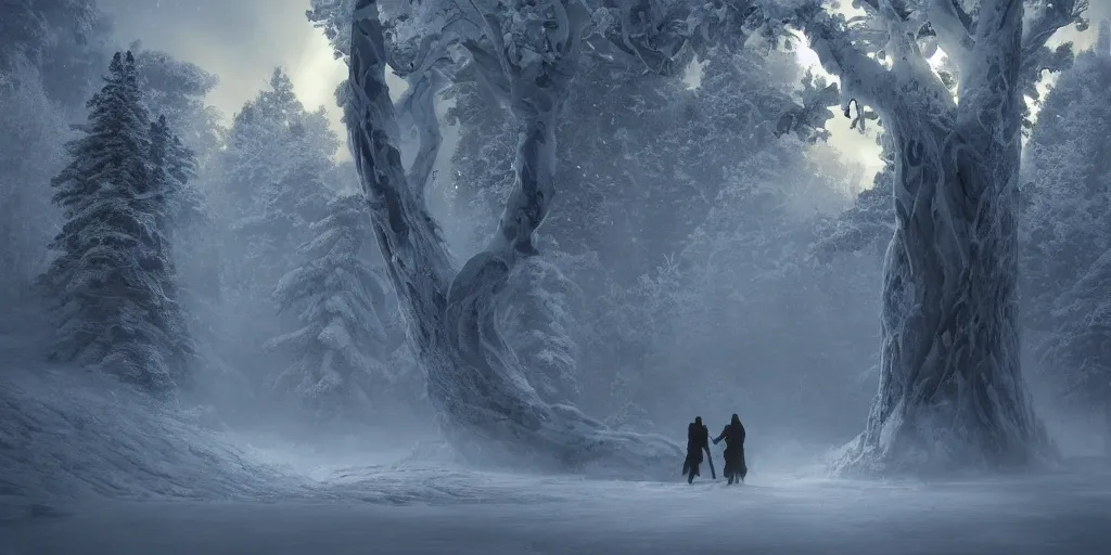 Prompt: hyperrealistic concept art of a silhouette of a hero facing a giant goddess in lit winter taiga at night, stunning massive ornately 3d render inspired art by Renato muccillo and Andreas Rocha and Johanna Rupprecht + symmetry + natural volumetric lighting, 8k octane beautifully detailed render, post-processing, highly detailed, intricate complexity, epic composition, magical atmosphere, cinematic lighting + masterpiece, trending on artstation