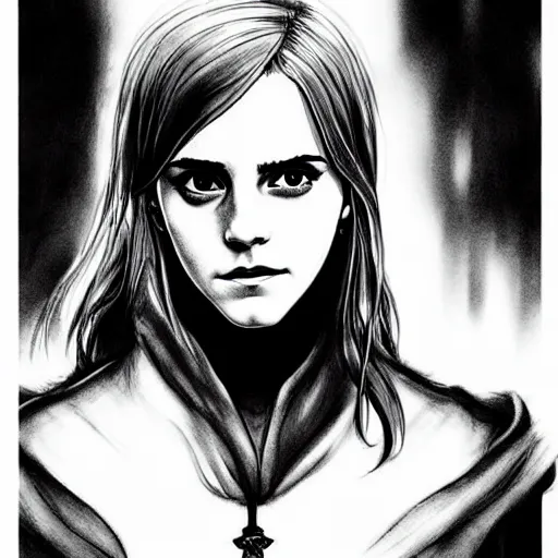 Prompt: Emma Watson in a scene from Berserk, artstation, concept art, sharp focus, illustration in pen an ink, full body shot, extremely detailed, extremely complex, black and white, art by  Makoto Yukimura