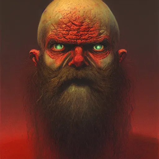 Image similar to Angry Bearded Prospector portrait, dark fantasy, red and gold, artstation, painted by Zdzisław Beksiński and Wayne Barlowe