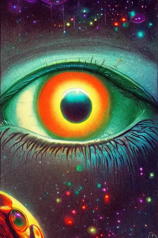 Image similar to multicolored eye, art by bruce pennington, trending on artstation, bioluminescence closeup view illustrator, american romanticism, very very elegant, 4 k hd, bauhaus