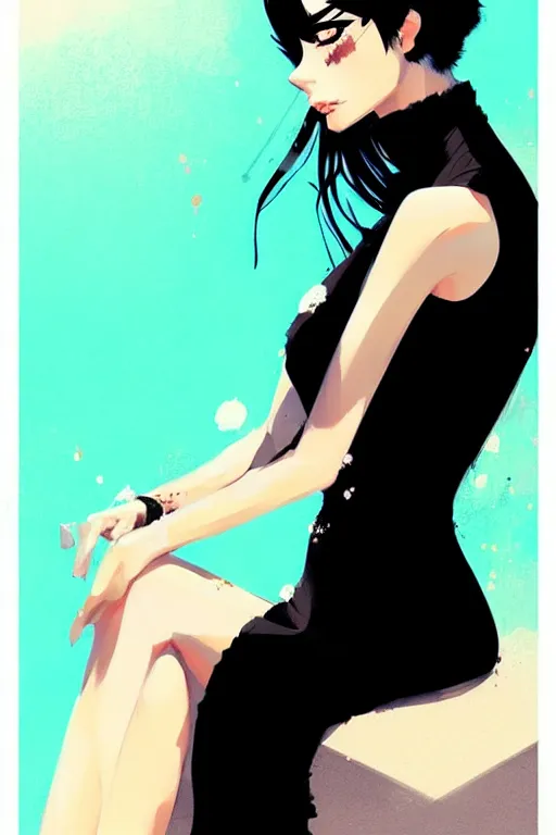 Image similar to a ultradetailed beautiful panting of a stylish woman in a black dress sitting, by conrad roset, greg rutkowski and makoto shinkai trending on artstation