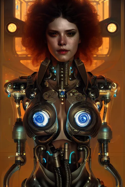 Image similar to ultra realistic, beautiful female cyborg in a crowded smoky cyberpunk club in space megalopolis, sci - fi, intricate details, eerie, highly detailed, octane render, 8 k, art by artgerm and alphonse mucha and greg rutkowski