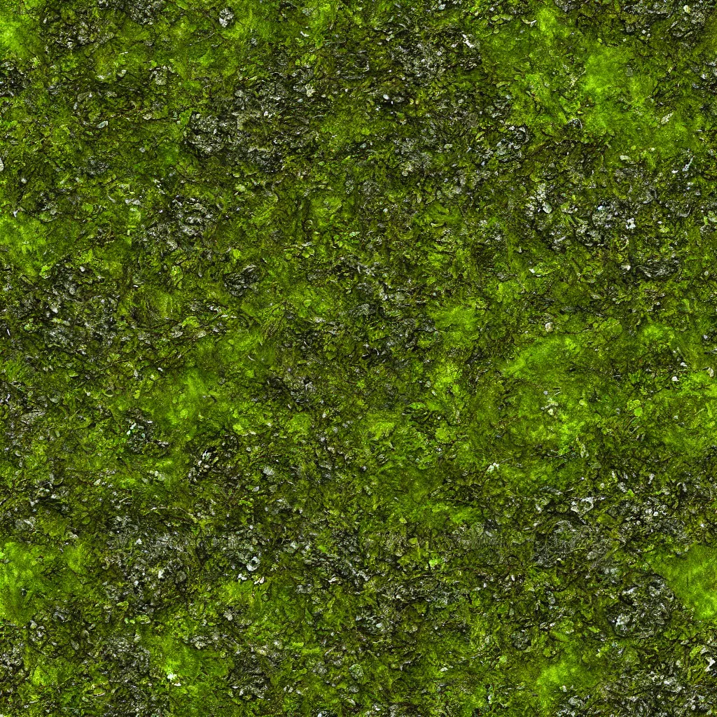 Prompt: 4K close up mossy stone texture. Seamless texture. High quality PBR material.
