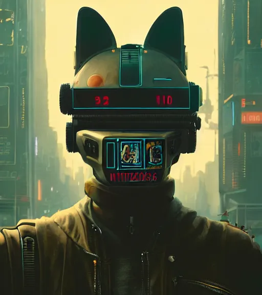 Image similar to new york city portrait of furry anthro anthropomorphic stylized cat head android service droid robot machine fursona wearing gloomy rainy screenshot from the video game cyberpunk 2077 digital art by Greg Rutkowski, Simon Stalenhag, christopher nolan trending on Artstation, CGSociety