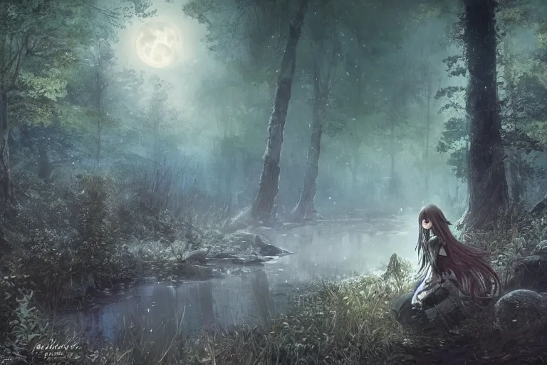 Image similar to goth woman in a moonlight view, in a forest, a river, tankoban, 4 k, tone mapping, akihiko yoshida, james jean andrei riabovitchev marc simonetti, yoshitaka amano, long hair, curly, h. hydrochaeri