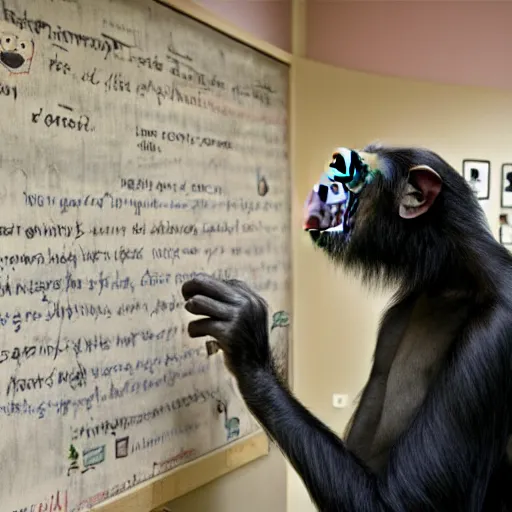 Prompt: a chimpanzee scientist teaching evolution blackboard