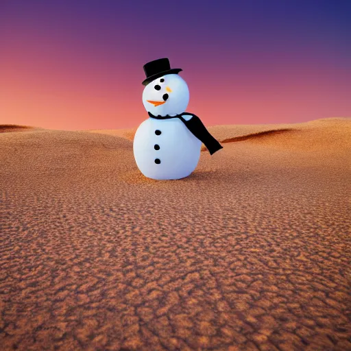 Image similar to a snowman is lost in the desert at sunset, beautiful photography, 8k, ambient light