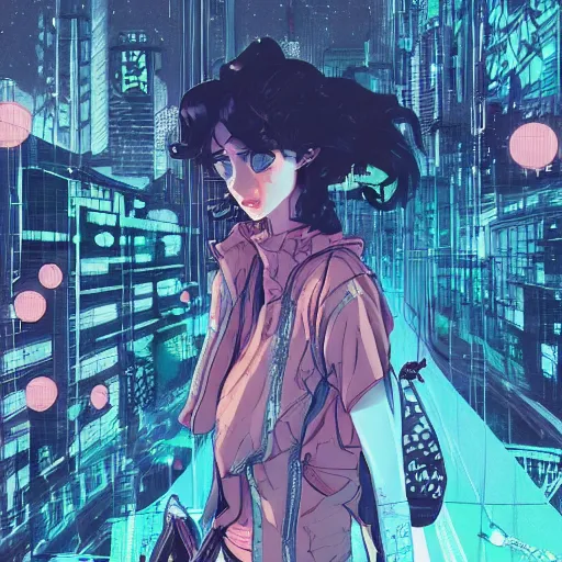 Prompt: zoom - out, a grungy cyberpunk anime, very cute, by super ss, cyberpunk fashion, curly pink hair, night sky by wlop, james jean, victo ngai, highly detailed