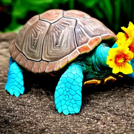 Image similar to a picture of a turtle hugging a flower, vivid colours, depth of field, 50mm