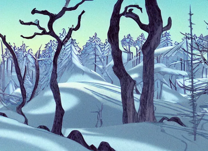 Image similar to wooded snowdrift landscape from mulan ( 1 9 9 8 )
