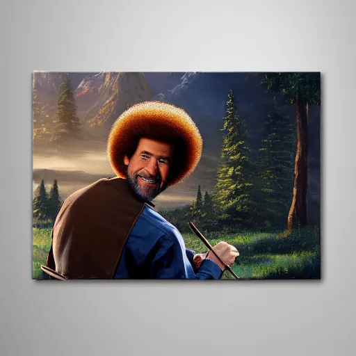 Prompt: a closeup photorealistic photograph of bob ross painting an image of iron man on a canvas. mountains and trees. film still. brightly lit scene. this 4 k hd image is trending on artstation, featured on behance, well - rendered, extra crisp, features intricate detail, epic composition and the style of unreal engine.