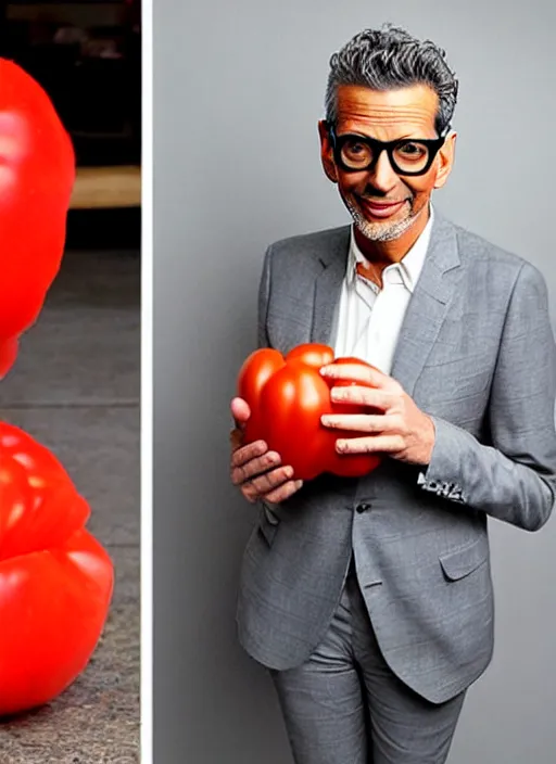 Image similar to jeff goldblum dressed up in a tomato costume