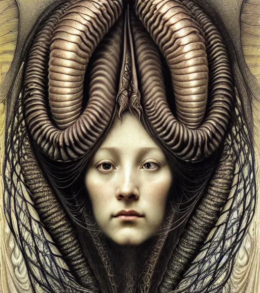 Image similar to detailed realistic beautiful horn goddess face portrait by jean delville, gustave dore, iris van herpen and marco mazzoni, art forms of nature by ernst haeckel, art nouveau, symbolist, visionary, gothic, neo - gothic, pre - raphaelite, fractal lace, intricate alien botanicals, biodiversity, surreality, hyperdetailed ultrasharp octane render