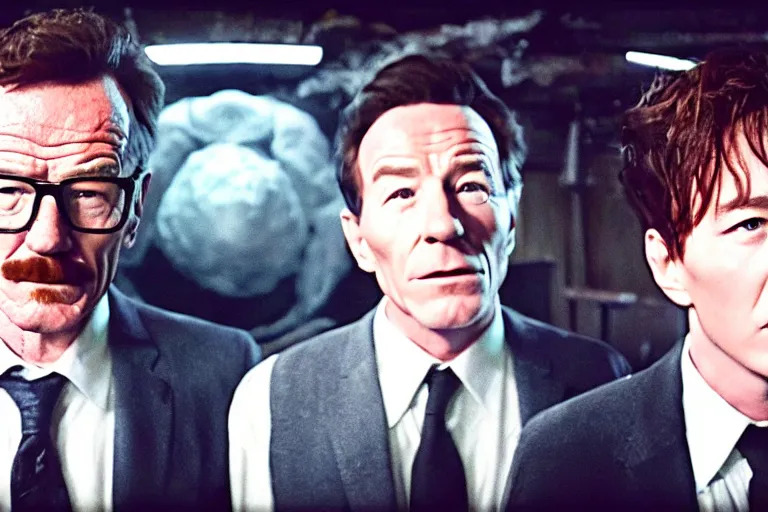 Image similar to film still of bryan cranston and jungkook in cosmic horror! the musical by david cronenberg, budapest street background, 3 5 mm film, atmospheric, ultra fine detail, film grain, photorealistic, hyperrealistic dramatic lighting