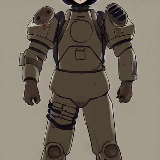 Image similar to Anime military bombsuit protagonist with light brown hair and brown eyes, Key Still, character design, full body shot