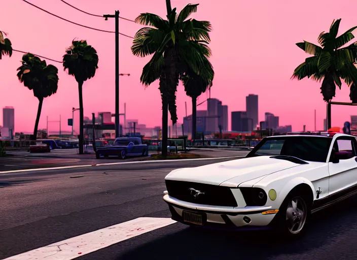 Image similar to still next - gen ps 5 game grand theft auto 6 2 0 2 4 remaster, graphics mods, rain, red sunset, people, rtx reflections, gta vi, miami, palms and miami buildings, photorealistic screenshot, unreal engine, 4 k, 5 0 mm bokeh, close - up ford mustang, gta vice city remastered, artstation