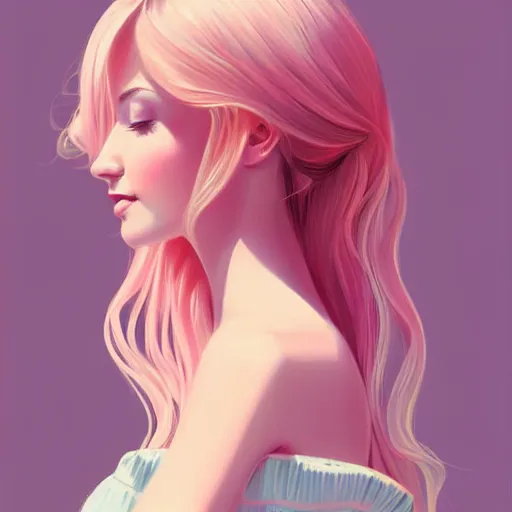 Image similar to happy adult female in sundress, summer dress, pastel light pink very long hair, muted colors, matte print, pastel colors, ornate, digital art, digital painting, fan art, elegant, artstation, head is centered, by Ilya Kuvshinov