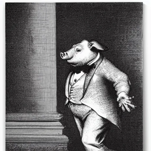 Image similar to a gentleman pig in a tuxedo, creepy, chiaroscuro, illustration by Gustave Doré,