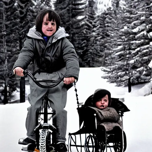 Prompt: on the set of the shining, danny is riding his big wheel, kubrick has his parka on,