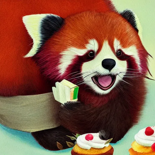 Image similar to an adorable red panda hugging a cupcake, digital art,