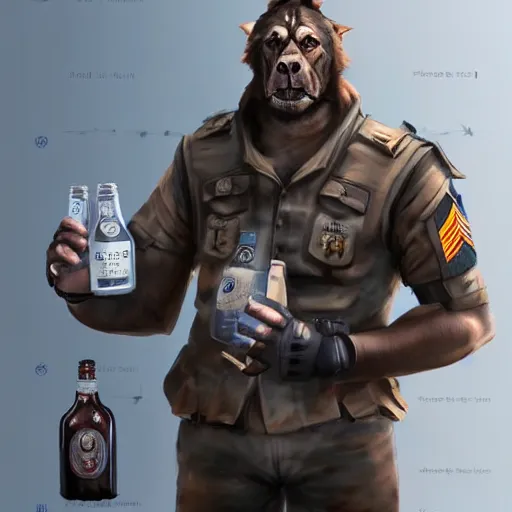 Image similar to a humanoid german shepherd beast - man in military style, holding a bottle of beer, artstation, concept art, smooth, sharp foccus ilustration, artstation