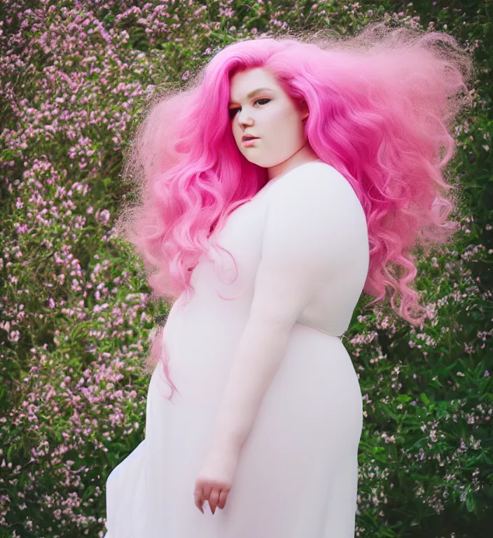 Prompt: a photograph of rose quartz from steven universe, portrait photography, 8 5 mm, iso 4 0 0, focus mode, detailed portrait, gigantic tight pink ringlets, huge pink hair, plus size, extremely beautiful and ethereal, white dress, gorgeous, kind features, beautiful woman, flattering photo, daylight