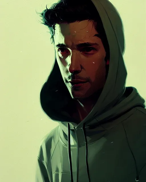 Image similar to neo - noir, hyper - realistic portrait of a man in a hoodie, intricate, 4 k, by atey ghailan, by greg rutkowski, by greg tocchini, by james gilleard, by joe fenton, by kaethe butcher, dynamic lighting, lighting color scheme, sharp focus, grunge aesthetic