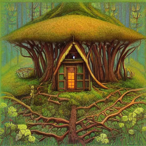 Image similar to Forest hut in the style of James Christensen