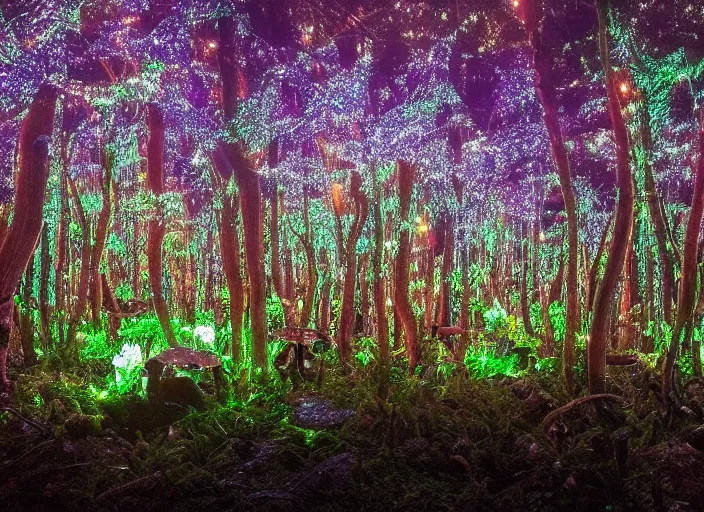 Image similar to a magical forest with crystal mushrooms that glow in the dusk,