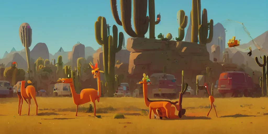 Prompt: Llamas and cacti by Goro Fujita and Simon Stalenhag , 8k, trending on artstation, hyper detailed, cinematic