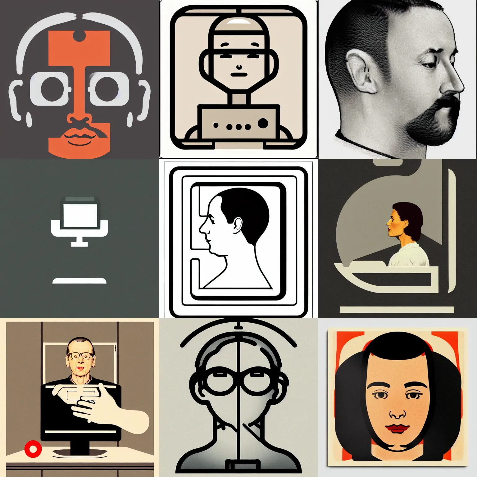 Prompt: icon of person programming computer stylized minimalist from behance, ios, vintage, magazine illustration, by norman rockwell, william - adolphe bouguereau, pixar, philippe starck, jony ive, dieter rams, henry dreyfuss, naoto fukasawa