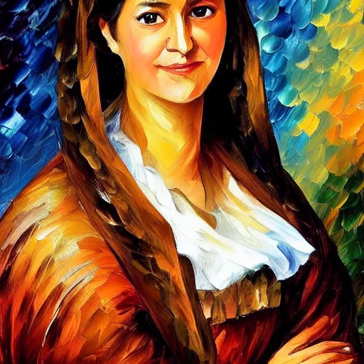 Image similar to portrait of a middle aged ancient noblewoman with a pretty face, brown skin and long brown hair. by leonid afremov