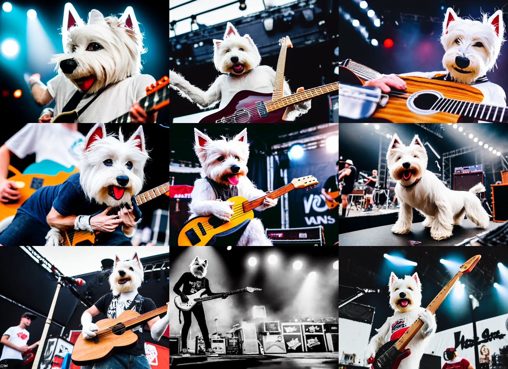 Prompt: photo still of an anthropomorphic westie on stage at vans warped tour!!!!!!! shredding a guitar on stage, 8 k, 8 5 mm f 1. 8, studio lighting, rim light, right side key light