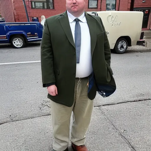 Prompt: the chubby clean-shaven white man stood patiently on the lot wearing an olive green overcoat, dark gray chalk stripe three-piece suit, a blue dress shirt with white cuffs and collars, a midnight blue necktie, and a pair of dirty wheat Timberland work Boots