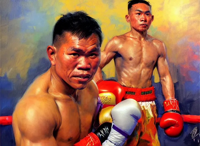 Prompt: greg manchess portrait of a filipino boxer in a victorious pose in an arena, organic painting, sunny day, matte painting, bold shapes, hard edges, street art, trending on artstation, by huang guangjian, gil elvgren, ruan jia, randy vargas, greg rutkowski