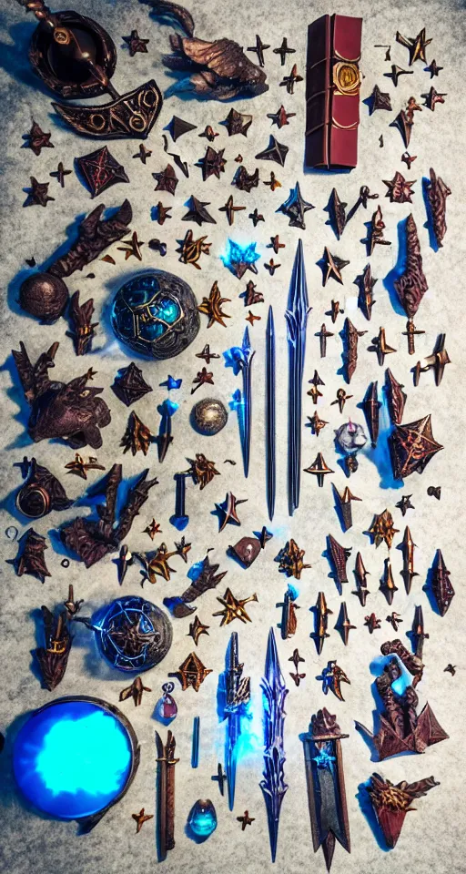 Image similar to a knolling of magical weapons, glowing potions, magic wands and spellbooks, spell top down view, overhead view, flatlay