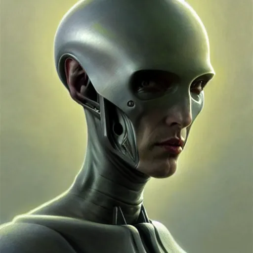 Image similar to grey alien, friendly peaceful, heroic lighting, sci-fi, intricate, elegant, highly detailed, lifelike, photorealistic, digital painting, artstation, illustration, concept art, smooth, sharp focus, art by John Collier and Albert Aublet and Krenz Cushart and Artem Demura and Alphonse Mucha