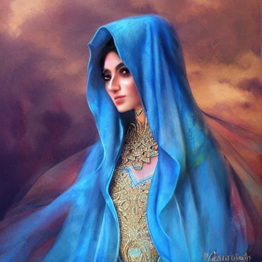 Image similar to a beautiful arabian woman wearing a wedding dress kaftan by karol bak, ayami kojima, artgerm, arabian beauty, blue eyes, smile, concept art, fantasy