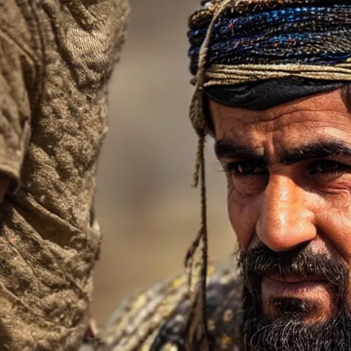 Image similar to Close up of a Kurdish shepherd wearing Kurdish Kurdish Kurdish clothes in a movie directed by Christopher Nolan, movie still frame, promotional image, imax 70 mm footage