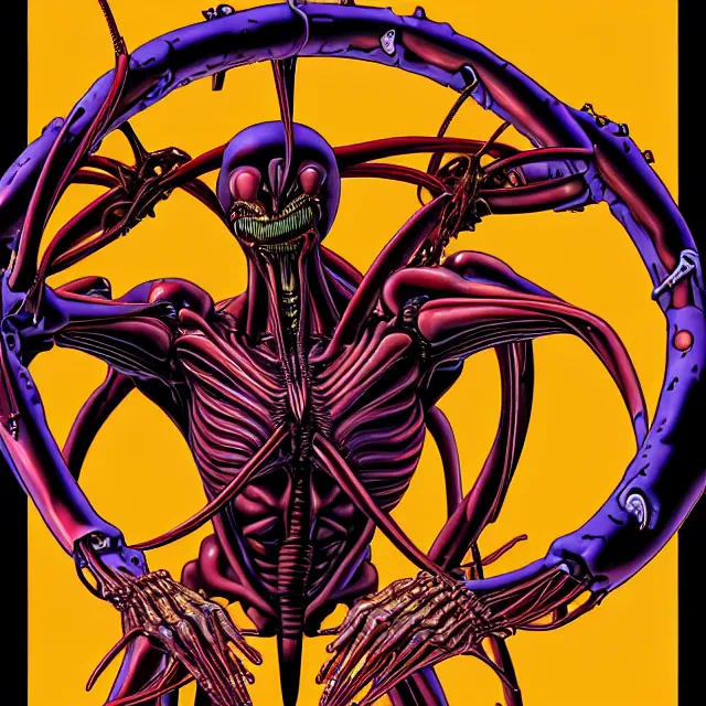 Image similar to full profile of evangelion xenomorph as circular vitruvian man by james jean and moebius, biomechanical, ultra wide angle, full body, no crop, golden ratio, ultra details, in the style of shusei nagaoka