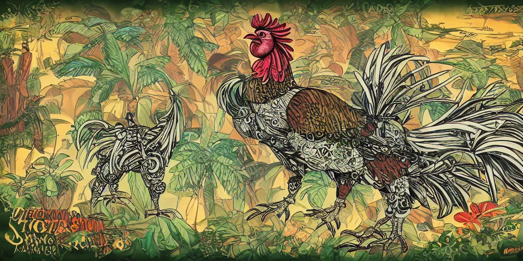 Prompt: beautiful schematic of a fighting rooster made of rocket and car engine parts in a jungle background, schematic, dieselpunk, illustration, intricate, highly detailed, studio ghibli color scheme, colorful