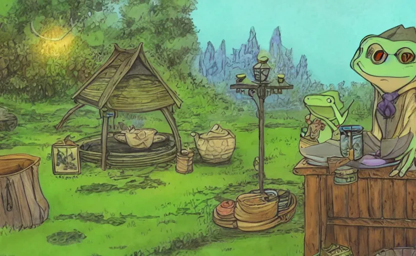 Image similar to wizard frog selling magical wares on a stand by a pond, ghibli style
