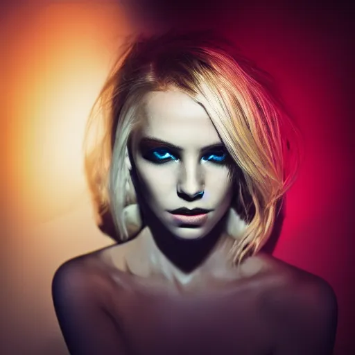 Image similar to A blonde model with glowing eyes, bright on dark, dramatic, cinematic, Sony a7R IV, symmetric balance, polarizing filter, Photolab, Lightroom, 4K, Dolby Vision, Photography Award