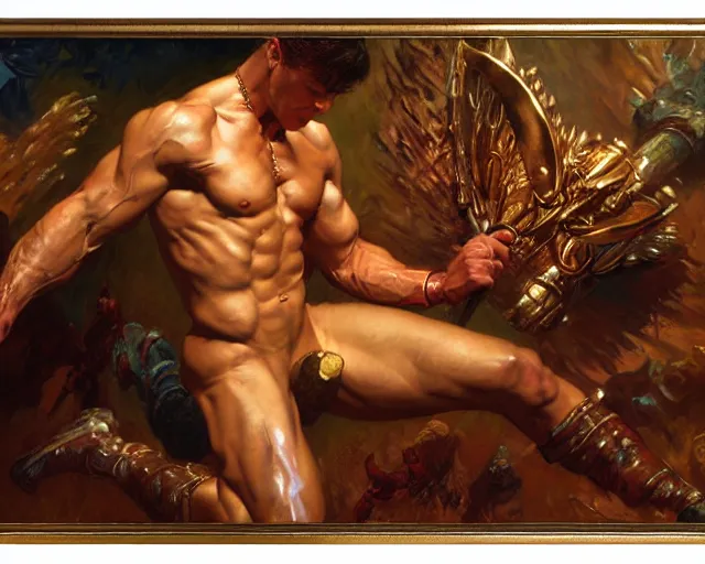 Image similar to muscular magician man, resurrecting the dead. highly detailed glossy matte oil painting by gaston bussiere, craig mullins, j. c. leyendecker, tom of finland