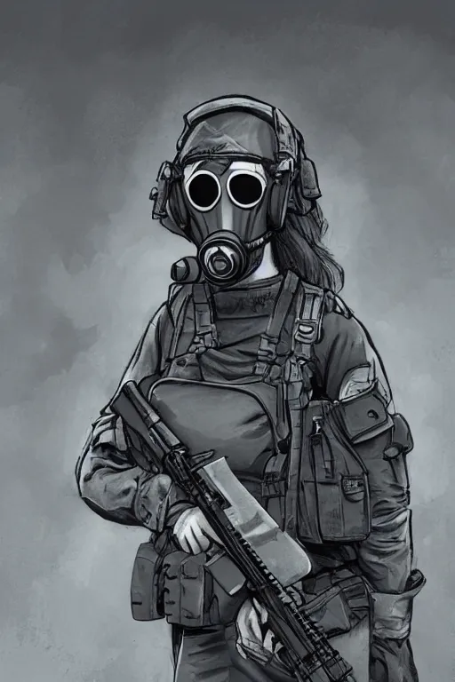 Prompt: british sas female operative with the standard s 1 0 gas mask and the black uniform, 8 0 s, artstation, trending on artstation, establishing shot