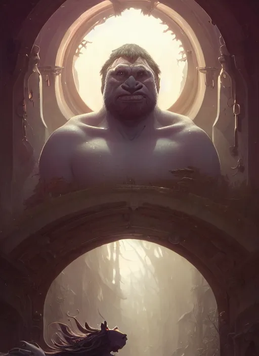 Image similar to highly detailed portrait of a big fat grey orc, unreal engine, fantasy art by greg rutkowski, loish, rhads, ferdinand knab, makoto shinkai and lois van baarle, ilya kuvshinov, rossdraws, tom bagshaw, alphonse mucha, global illumination, radiant light, detailed and intricate environment