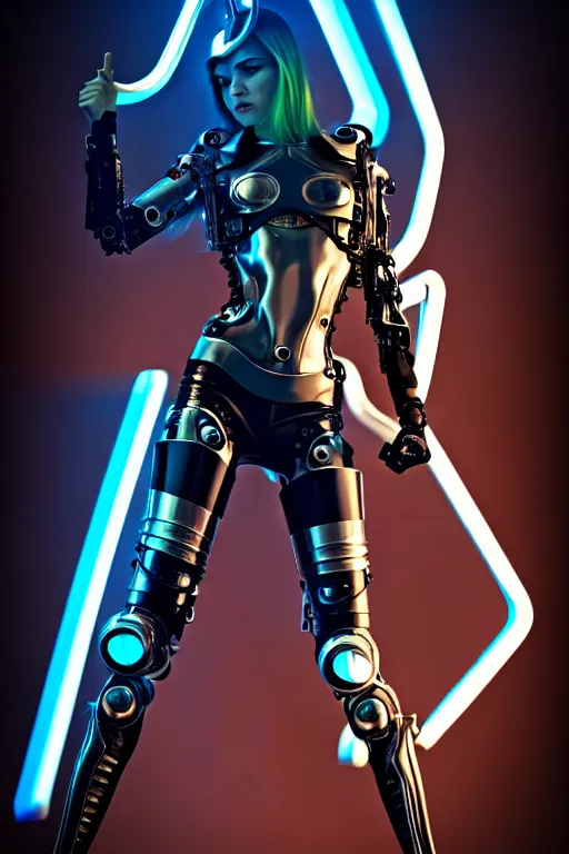 Prompt: edgy powerful female chrome futuristic cyborg with curved metal Loki horns, , full body, chrome motorcycle parts and machine abstract background, neon bar lights, 3d render, octane, 8k, volumetric lighting, hyper-realistic, dark fantasy, diffuse lighting, intricate, highly detailed, lifelike, photorealistic, digital painting, trending on artstation, smooth, sharp focus, art by John Collier and Albert Aublet and Krenz Cushart and Artem Demura and Alphonse Mucha