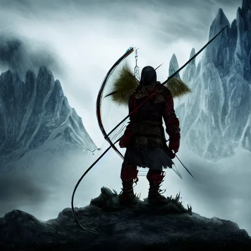Image similar to lonely ork warrior struck by an arrow in the shoulder, bleeding, tired, desolated mountains in the distance, cloudy and atmospheric with a touch of sunlight coming through, realistic, tolkien world