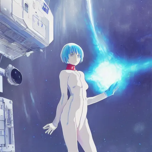 Prompt: Rei Ayanami, female anime character, inside a space station, shot from the ground by Yoshiyuki Sadamoto, digital art, trending on artstation, low level, 8K UHD image, octane render, Howl's Moving Castle, tranquil divine observer Nymph by ismail inceoglu nicola samori dragan bibin hans thoma greg rutkowski Alexandros Pyromallis Nekro Rene Margitte illustrated, official anime key media, hyper realistic vfx simulation, intricately detailed.